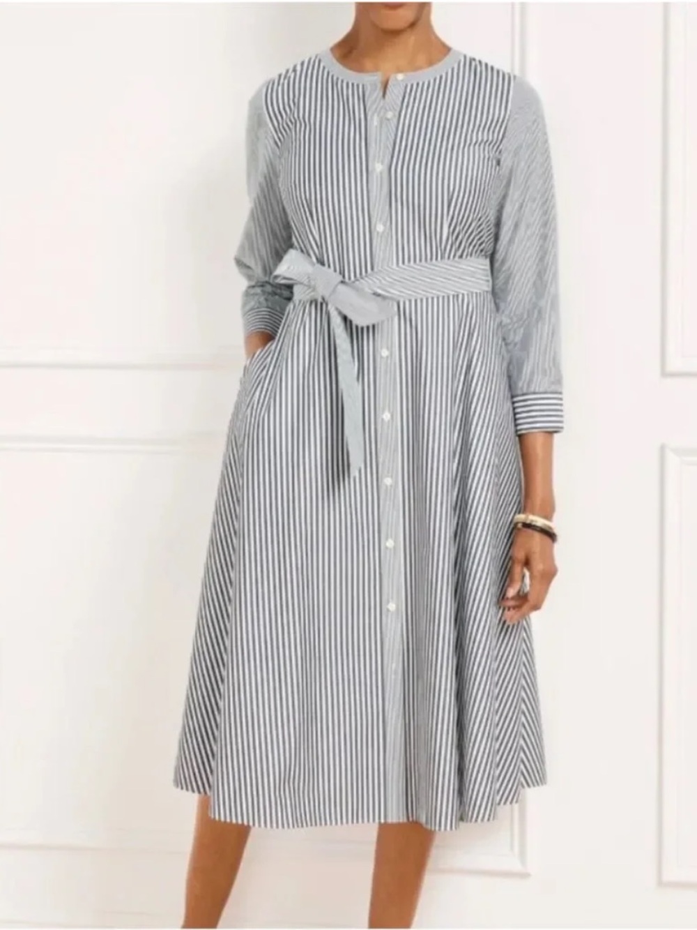 Talbots Black and White Striped Midi Shirt Dress with Belt Size 12